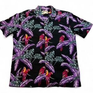 Vintage Paradise Found Hawaiian Shirt Mens Large Magnum PI Black Purple Parrots